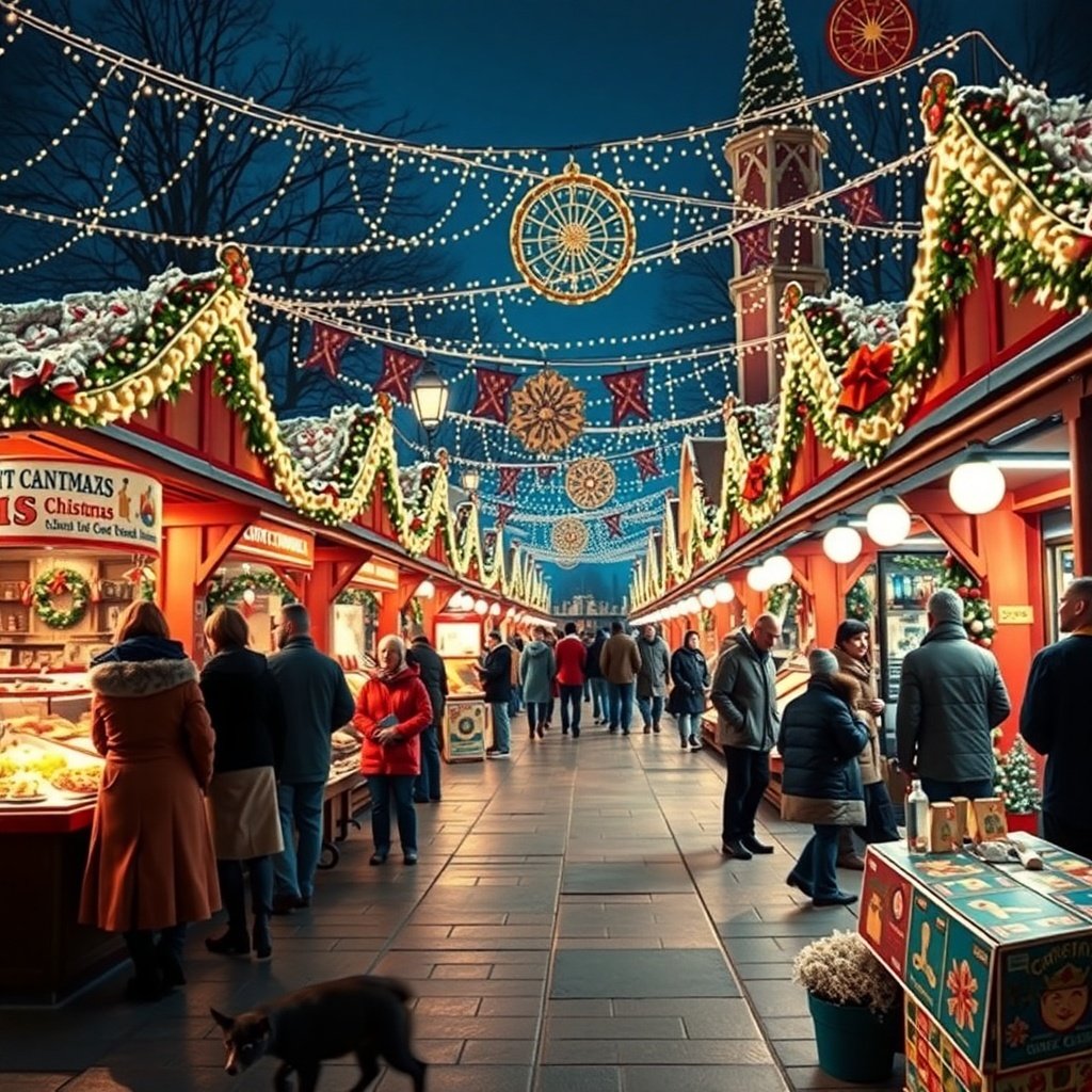 A charming Christmas market with festive decorations and people enjoying the holiday atmosphere.