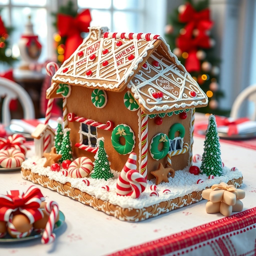 A charming gingerbread house decorated with colorful candies and icing, placed on a festive Christmas table.