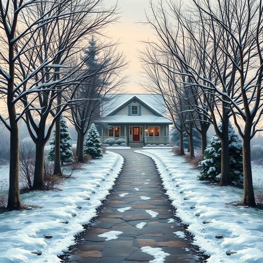 A snowy pathway leading to a cozy house surrounded by trees.
