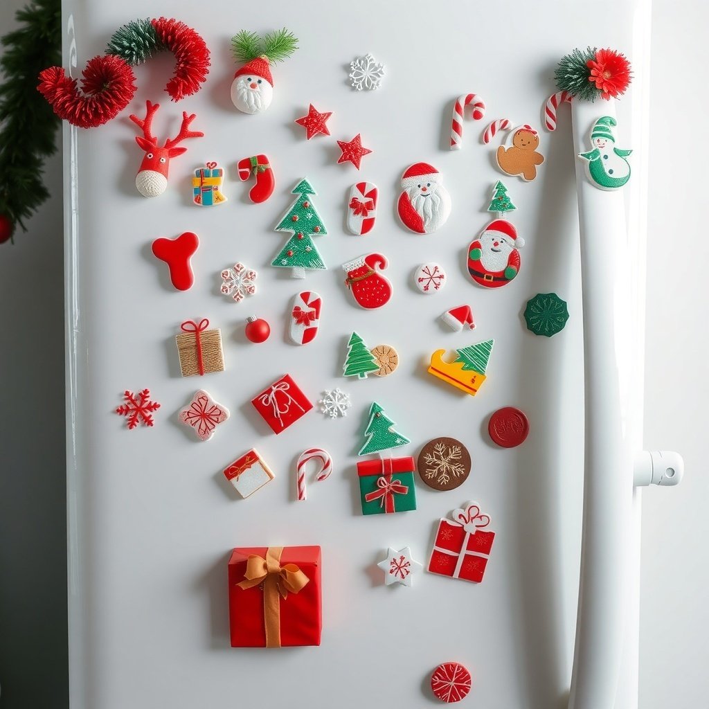 A festive fridge decorated with Christmas-themed magnets and decorations.
