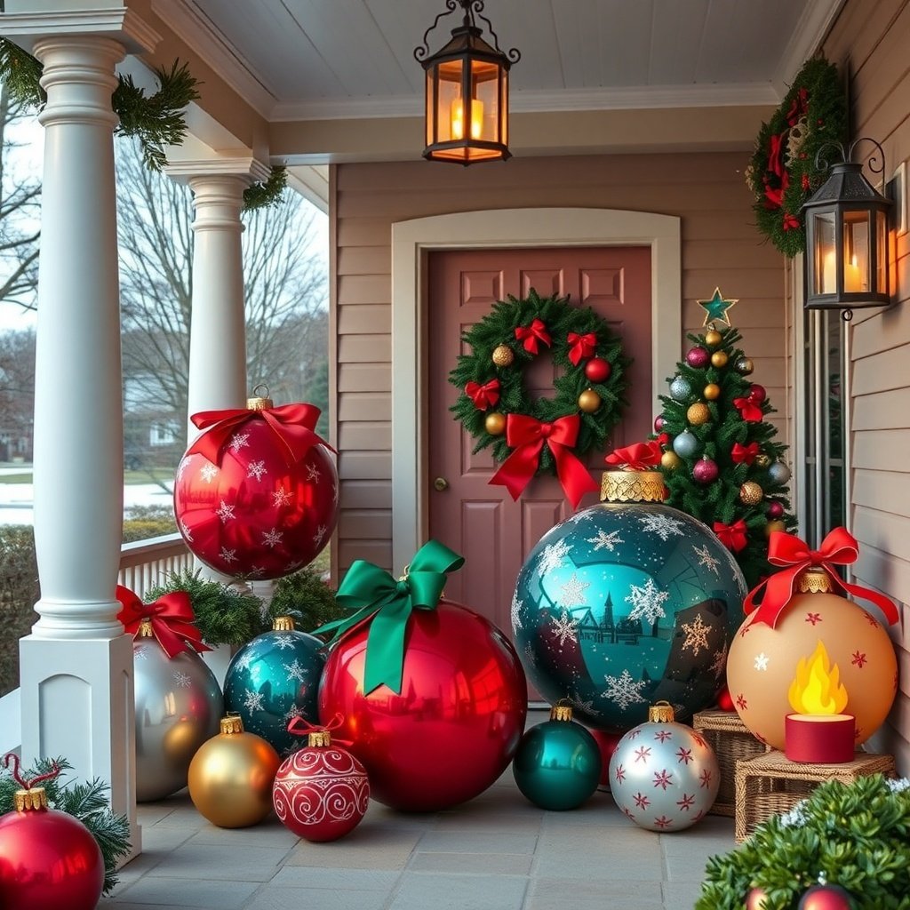 A beautifully decorated porch featuring giant Christmas ornaments, a wreath, and a Christmas tree, creating a festive atmosphere.