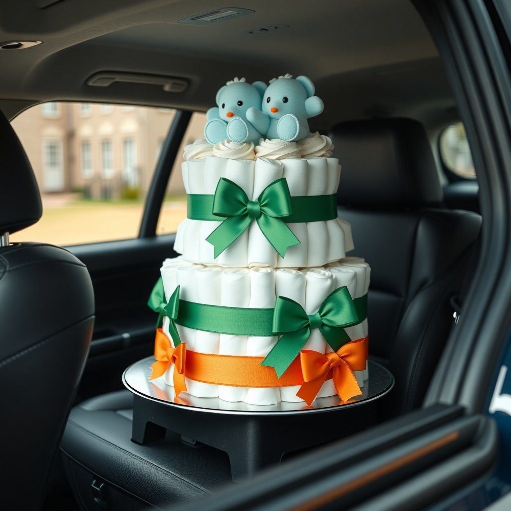 A beautifully decorated Christmas diaper cake in a car, featuring colorful ribbons and cute bear decorations.