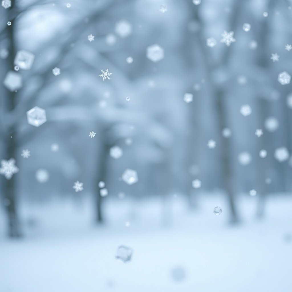 A serene winter scene with falling snowflakes against a blurred background of trees.