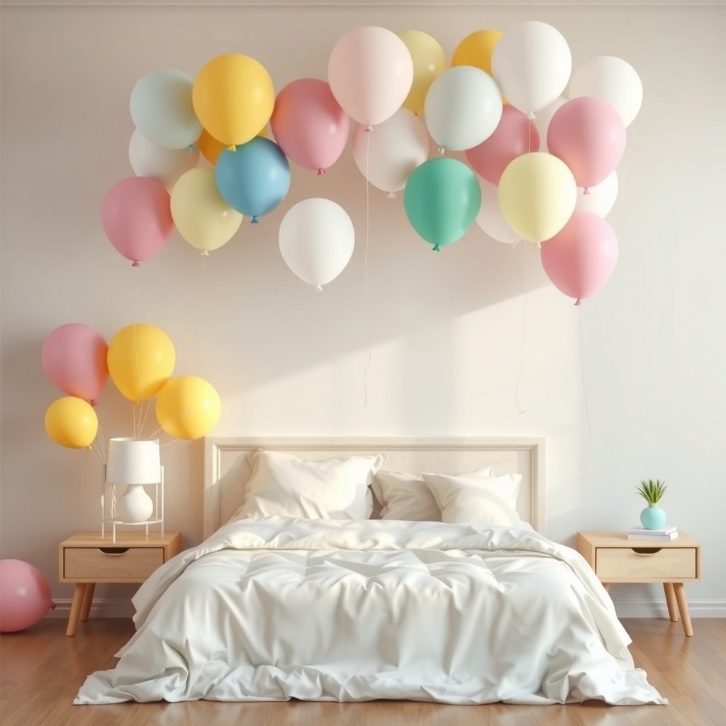 A wedding night room decorated with colorful balloons above a bed and beside nightstands.