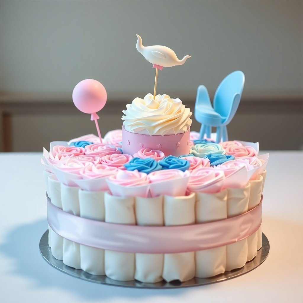 A beautifully crafted diaper cake decorated for a gender reveal, featuring pink and blue elements, a balloon, and a small chair.