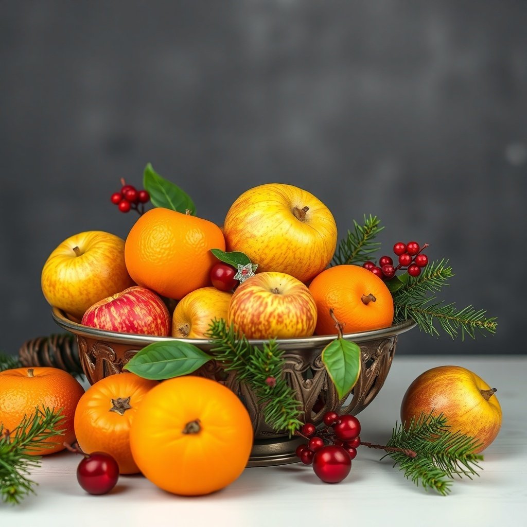 A decorative bowl filled with oranges and apples, surrounded by greenery and red berries.