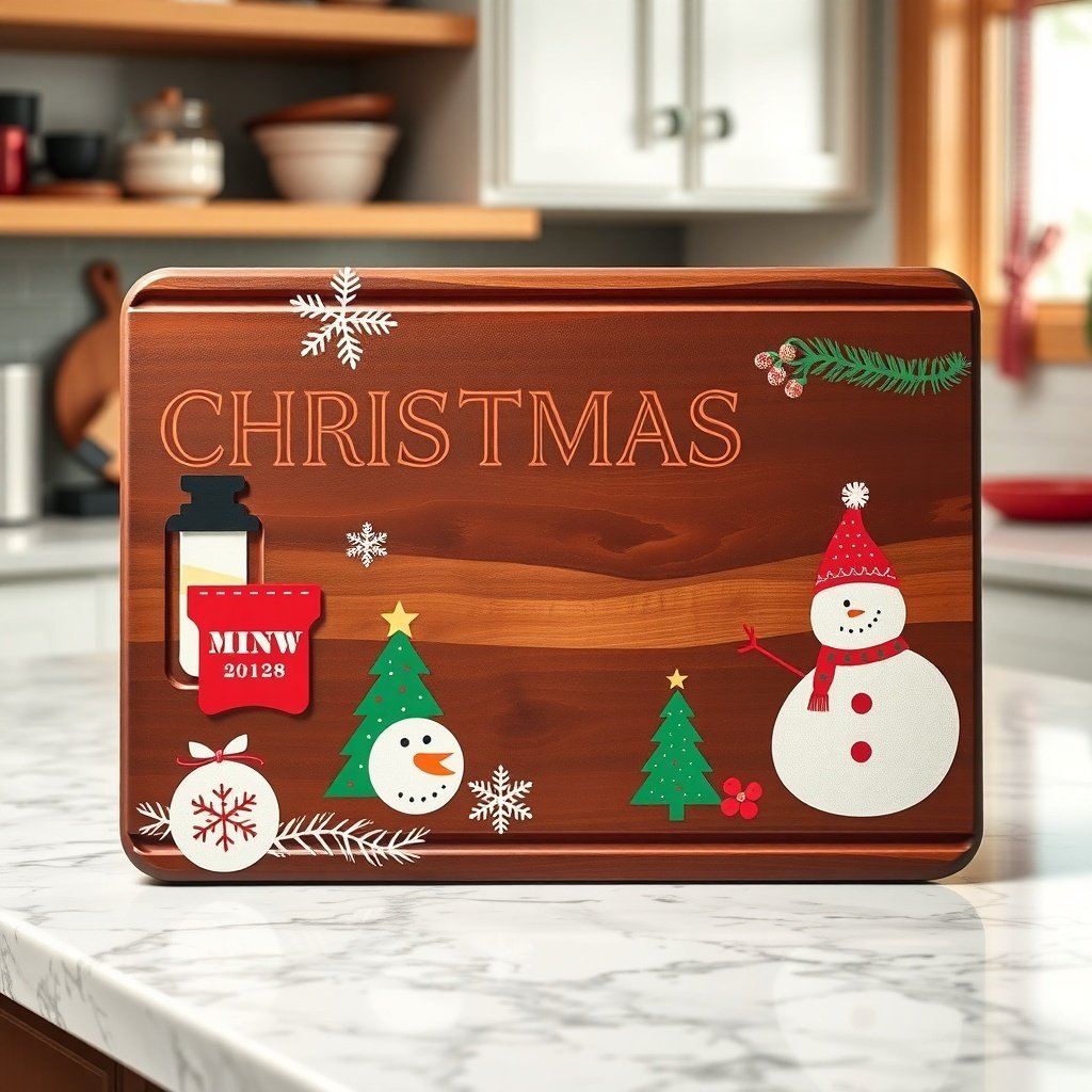 A decorative cutting board with Christmas designs including snowmen, trees, and festive elements.