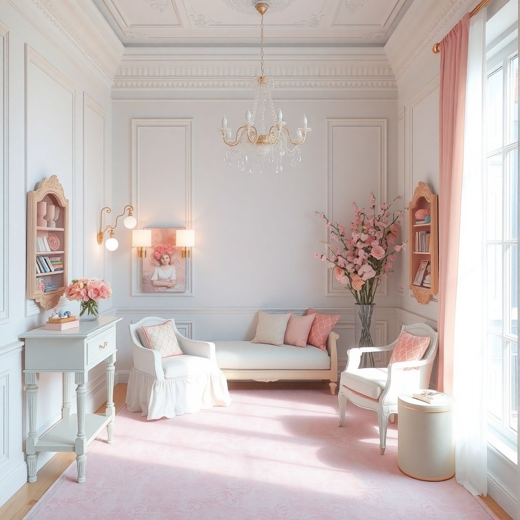 A beautifully decorated wedding night room featuring soft pinks and whites.