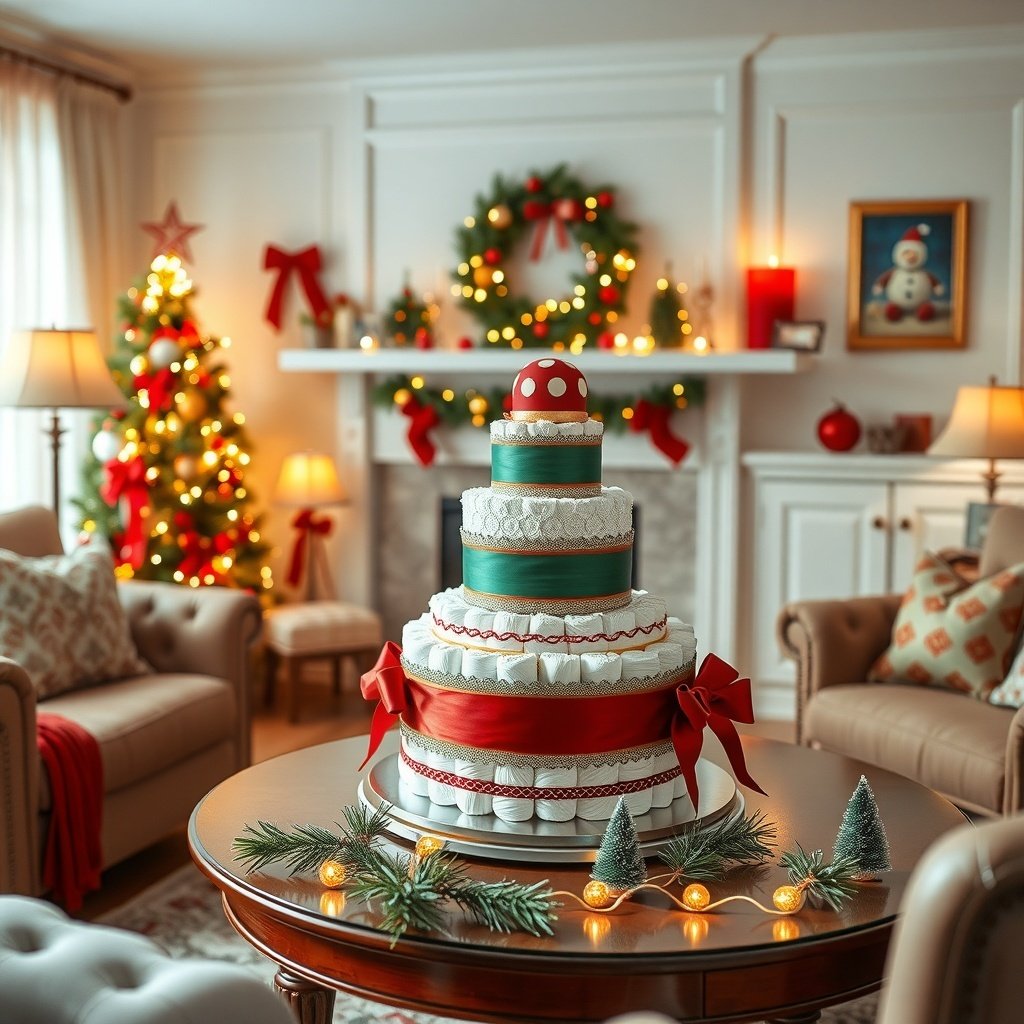 A beautifully decorated Christmas diaper cake displayed in a cozy living room with a Christmas tree and festive decorations.