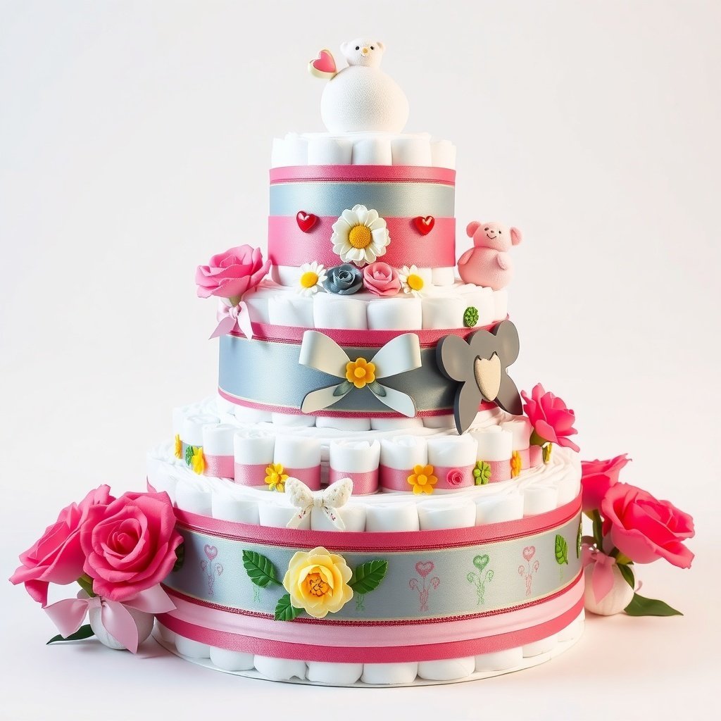 A multi-tiered Christmas diaper cake decorated with ribbons, flowers, and cute animal figures.