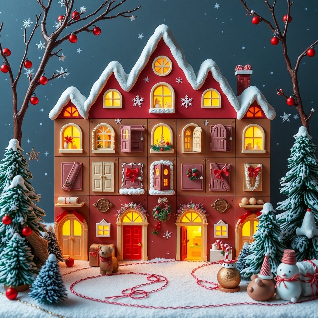 A festive advent calendar designed like a holiday house with decorated doors and glowing windows.