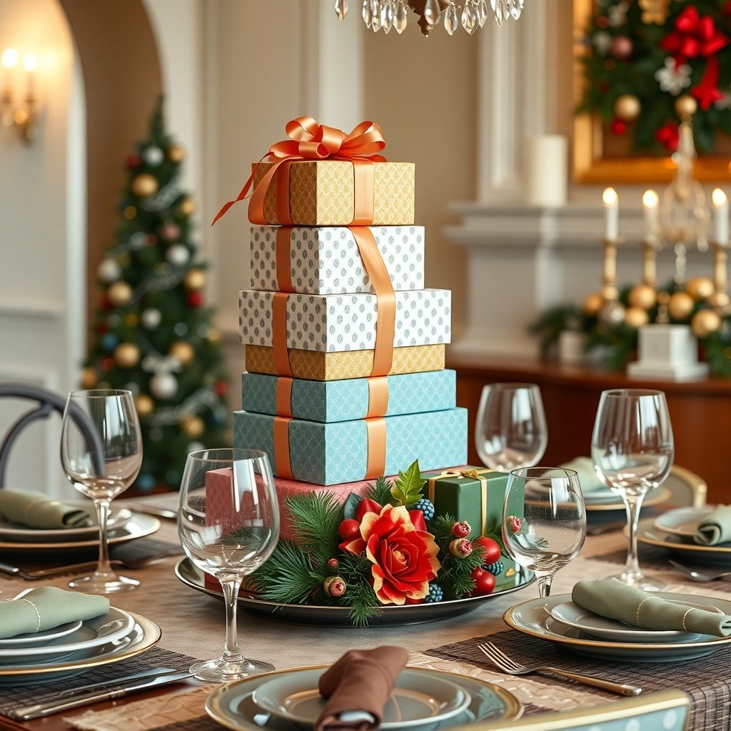 A festive table setting featuring a stack of decorative gift boxes, surrounded by greenery and flowers, with elegant dinnerware and glasses.