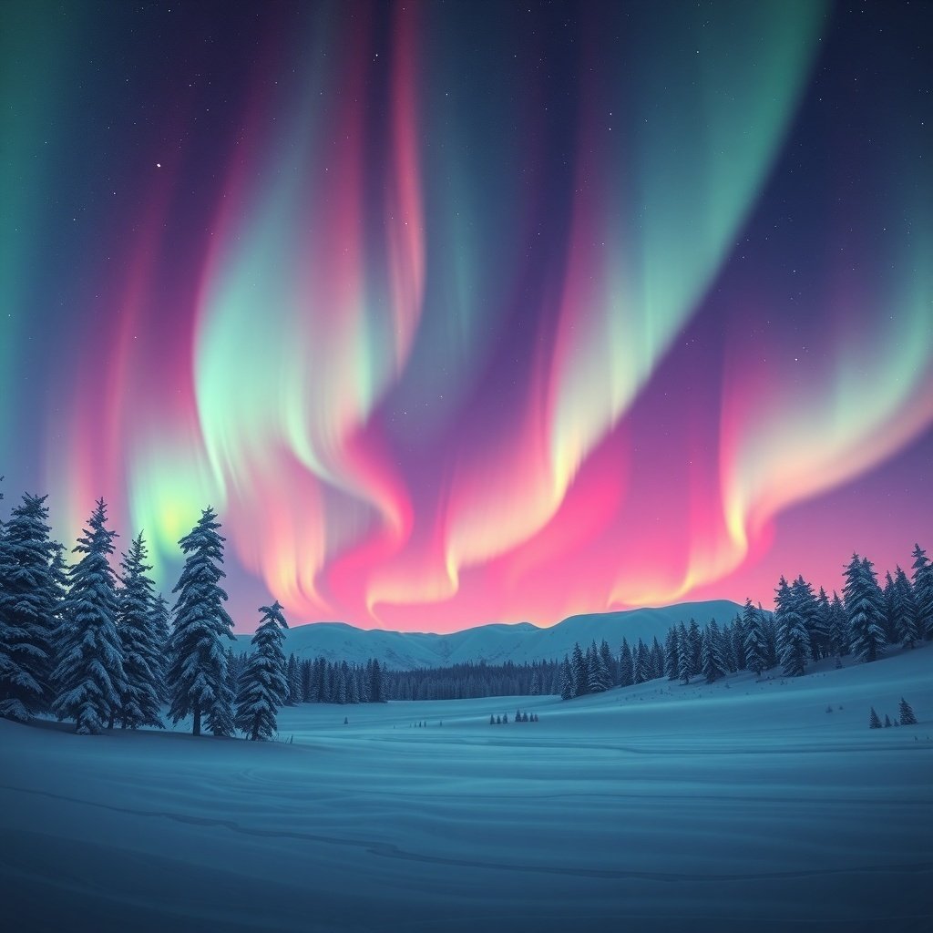 A stunning view of the Northern Lights illuminating the night sky over a snowy landscape.