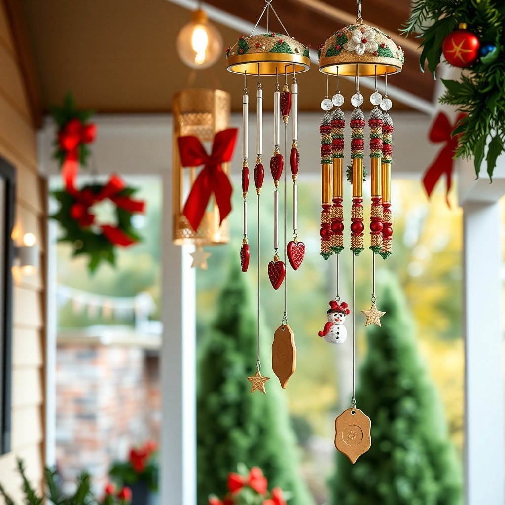 Colorful holiday-themed wind chimes hanging on a porch, decorated with hearts, stars, and a snowman.