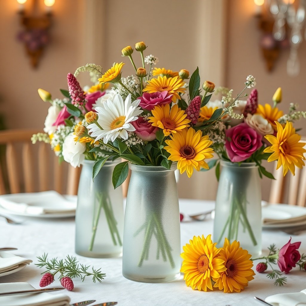 Frosted glass vases filled with colorful flowers on a Christmas table