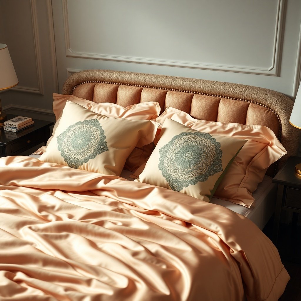 Luxurious silk bedding with decorative pillows in a wedding night room