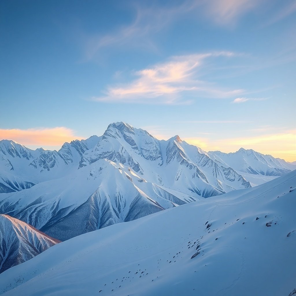 Snowy mountain peaks under a clear sky with soft clouds