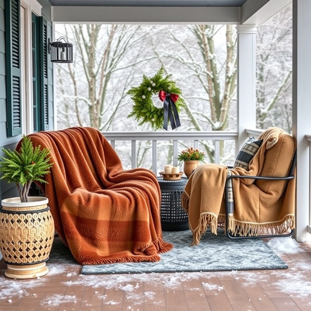 Cozy porch with faux fur throws, a wreath, and snowy background