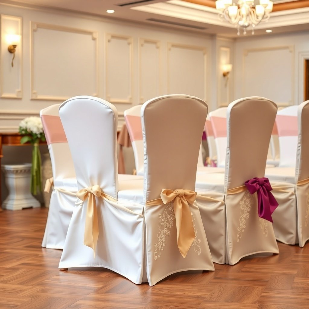 Elegant chair covers with bows in a wedding setting