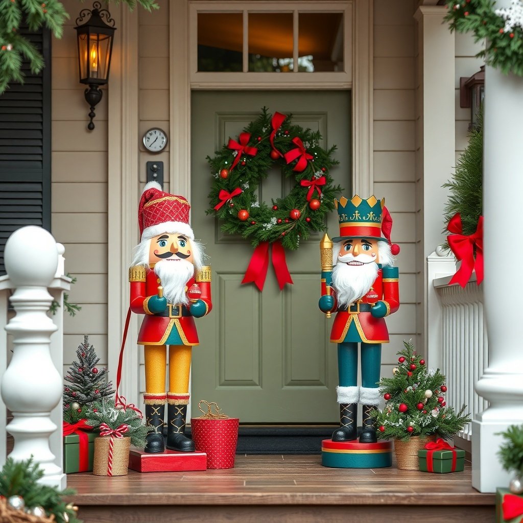 Christmas porch decor featuring nutcracker and Santa figurines, a wreath, and festive decorations.