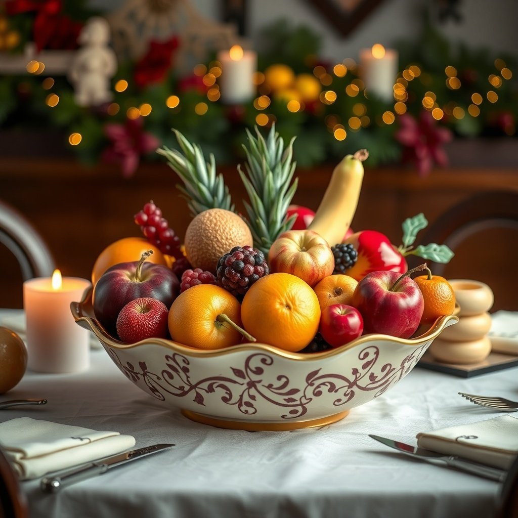 A beautifully arranged fruit bowl centerpiece on a Christmas table, featuring various fruits and candles.