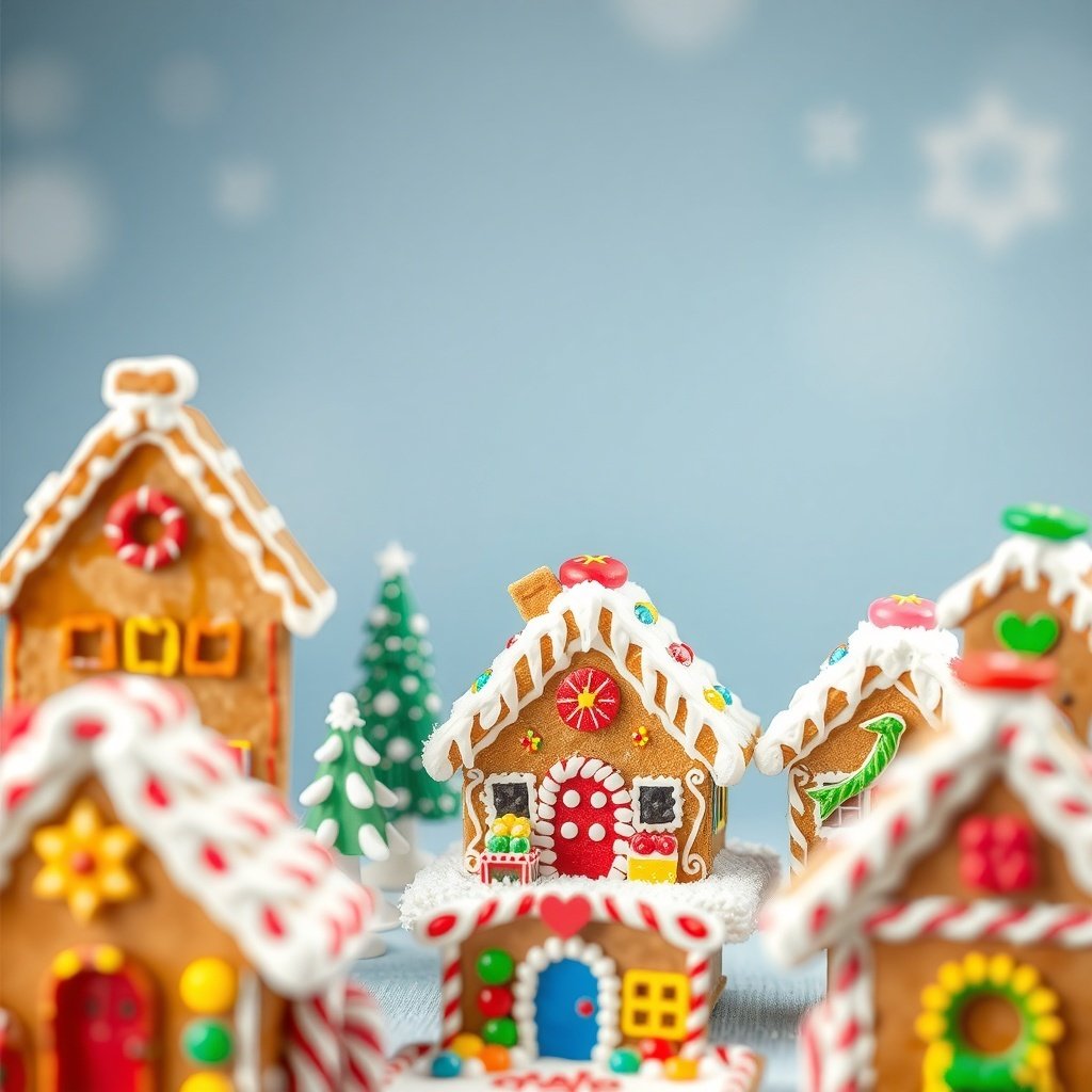 A collection of decorated gingerbread houses with colorful icing and candy against a soft blue background.