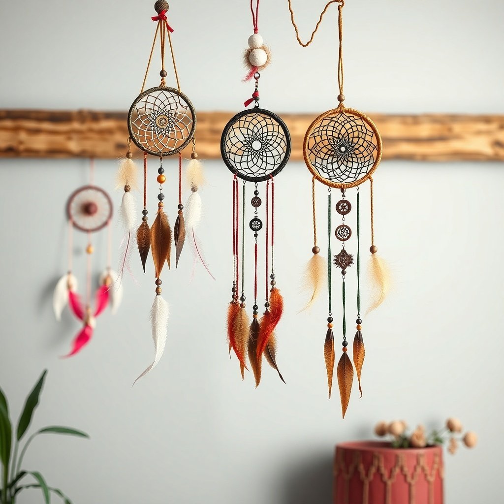 Three colorful dreamcatchers hanging on a wall, featuring feathers and beads.