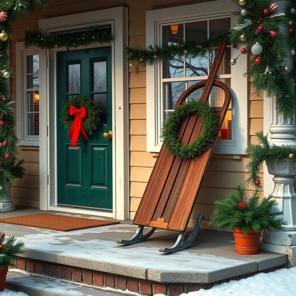 A decorated porch with a wooden sled, green wreath, and festive garlands.