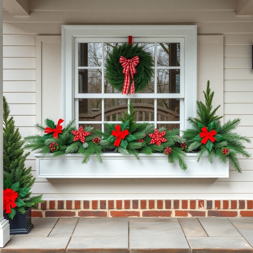 A festive window box decorated with greens, red bows, and a wreath for Christmas decor.