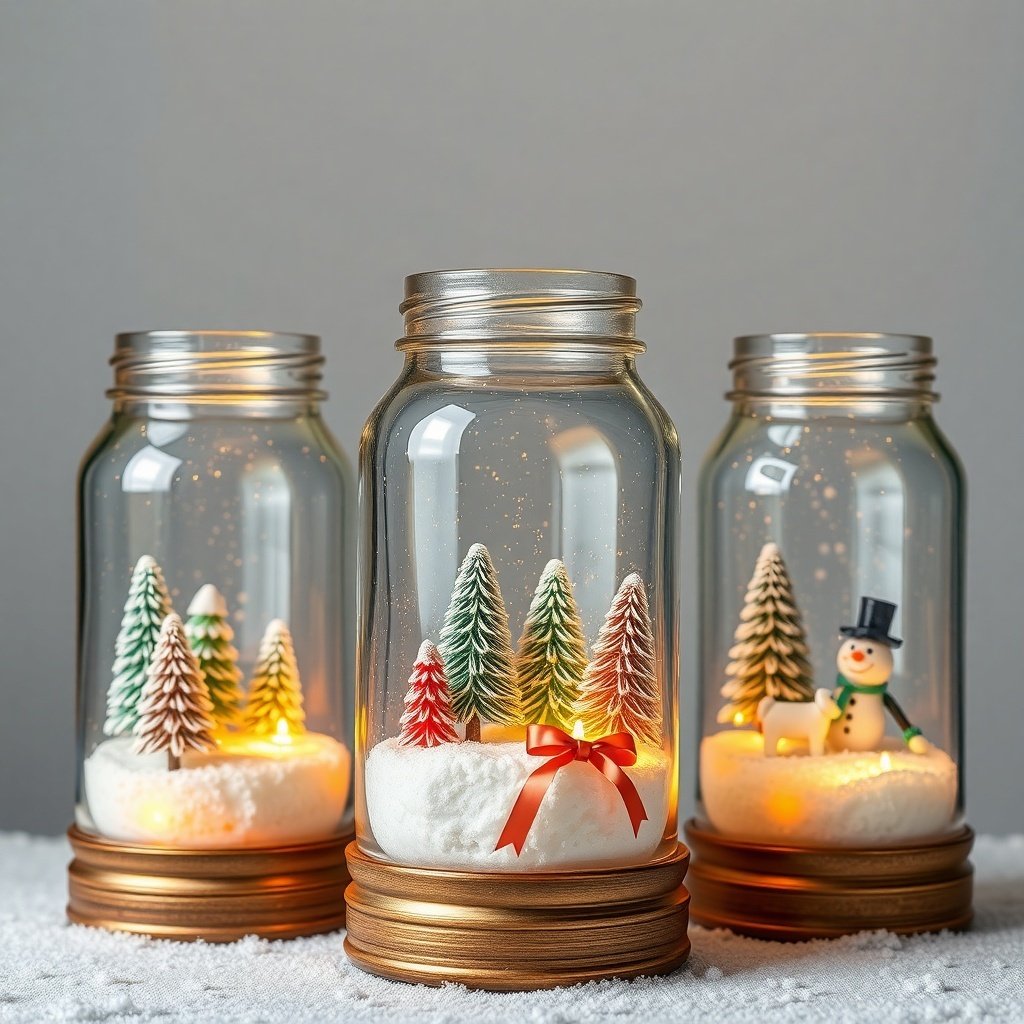 Three mason jar snow globes with miniature trees and a snowman, lit from within