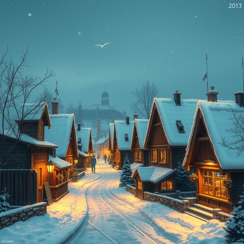 A charming winter village scene with snow-covered rooftops and warm lights glowing from windows.
