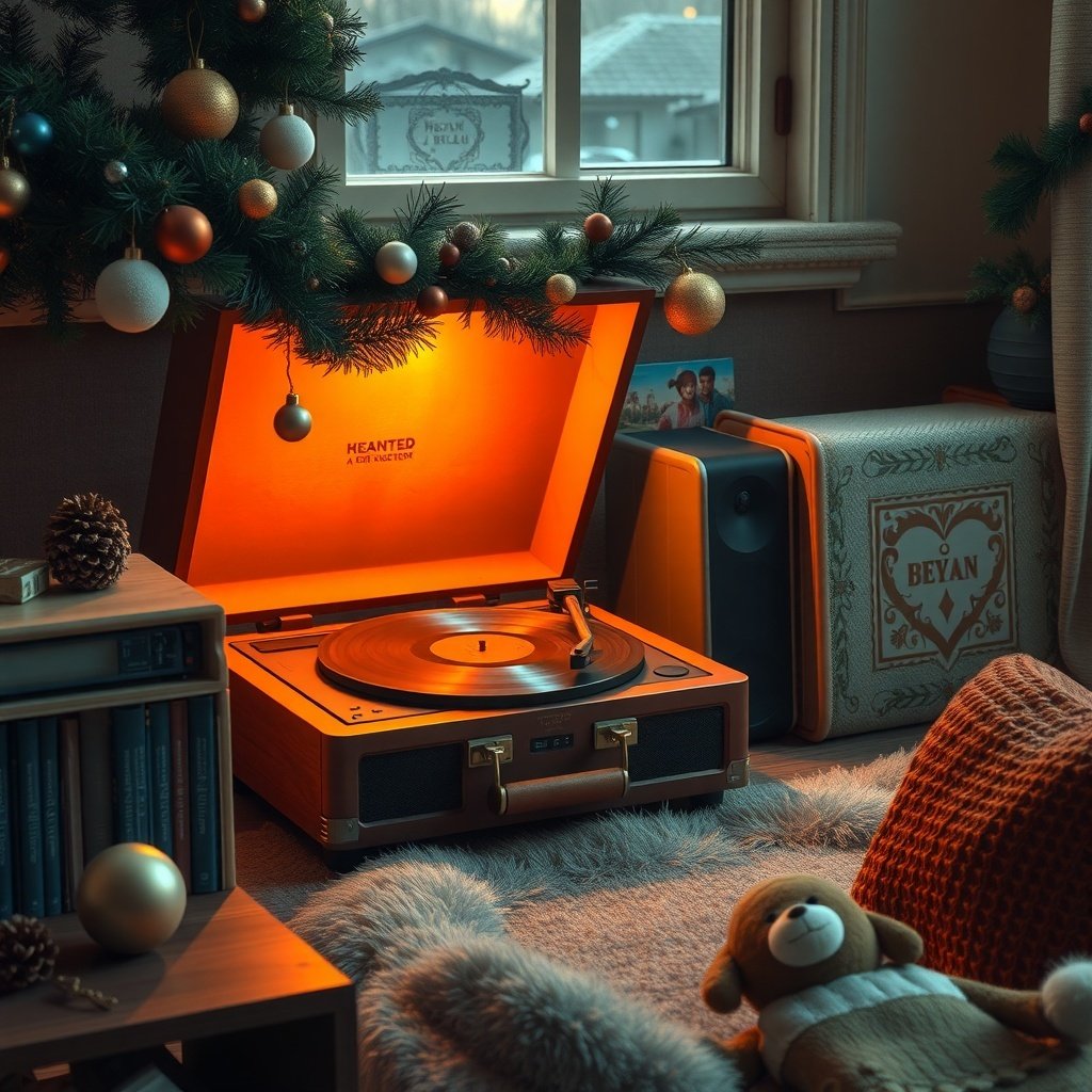 A cozy room with a vintage record player surrounded by holiday decorations.