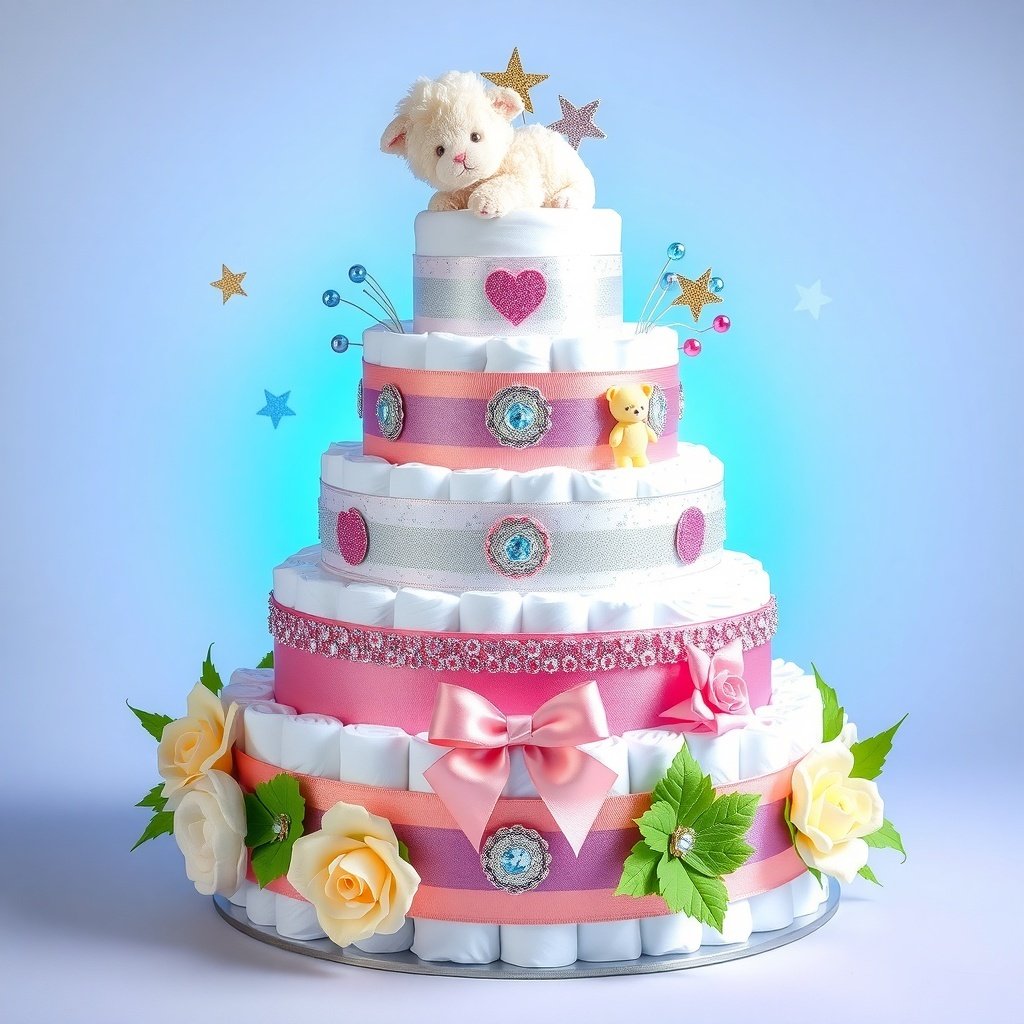 A beautifully decorated Christmas diaper cake with glittery elements and playful decorations.