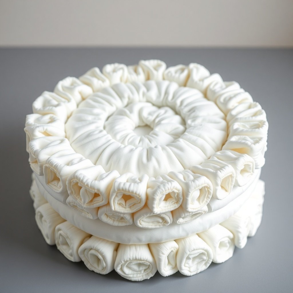 A beautifully layered Christmas diaper cake made of rolled diapers arranged in a spiral pattern.