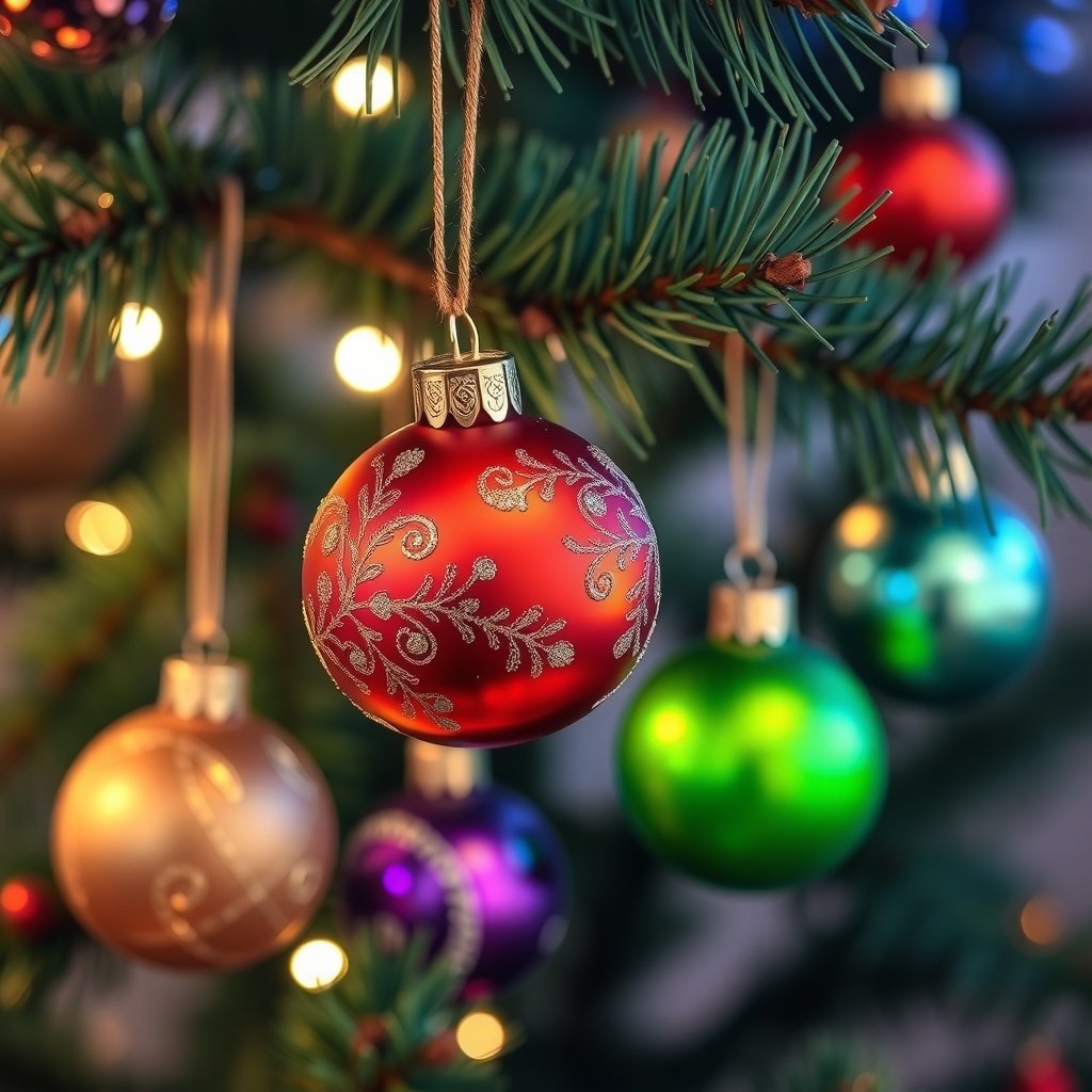 Colorful holiday ornaments hanging on a Christmas tree