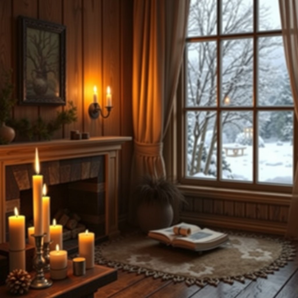 A cozy room with candles, a fireplace, and a snowy window view.