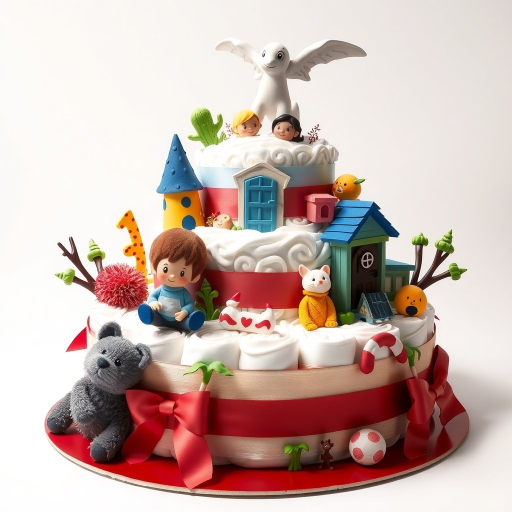 A colorful Christmas diaper cake decorated with toys and festive elements.