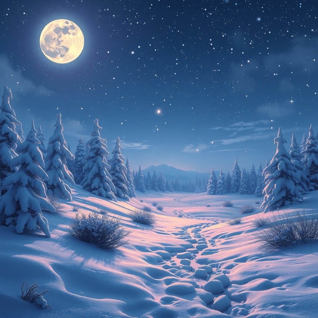A serene winter landscape with snow-covered trees under a bright moon and starry sky.