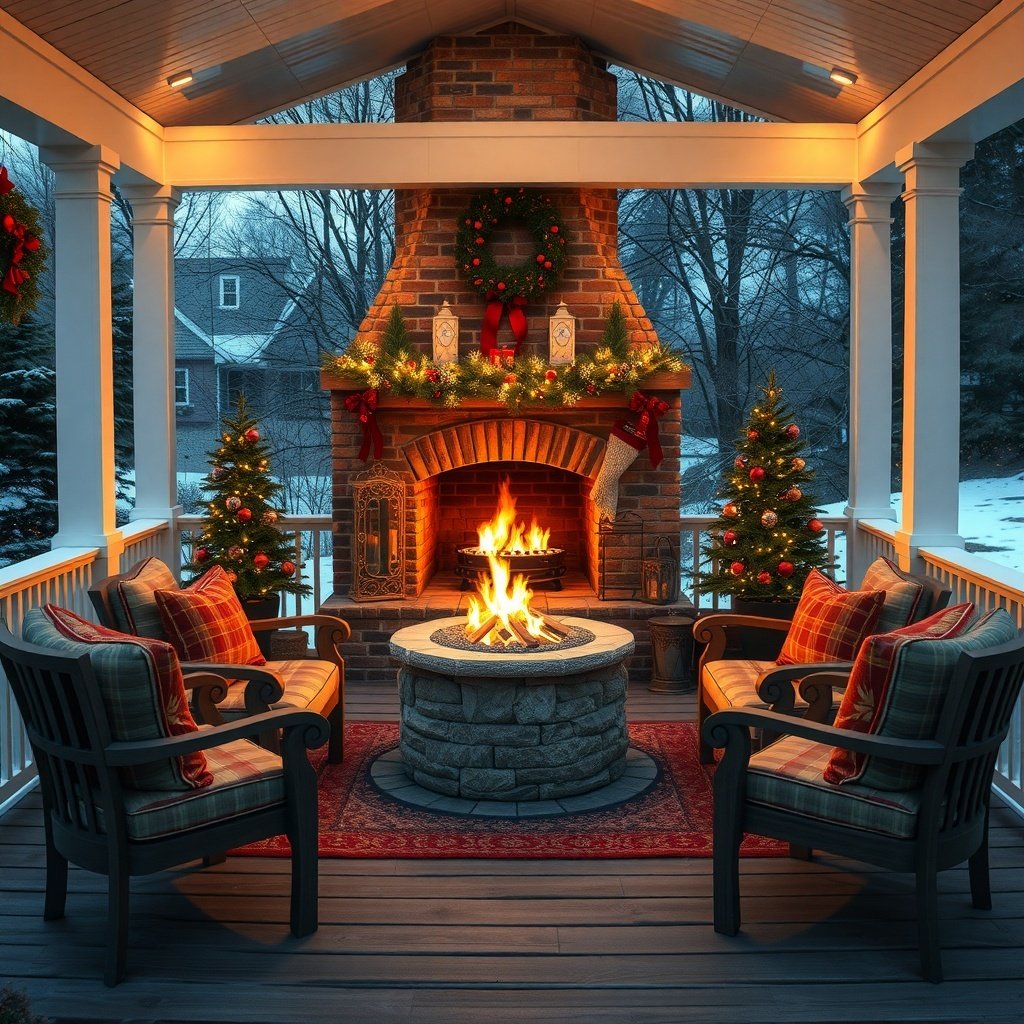 Cozy outdoor fireplace with Christmas decorations and seating