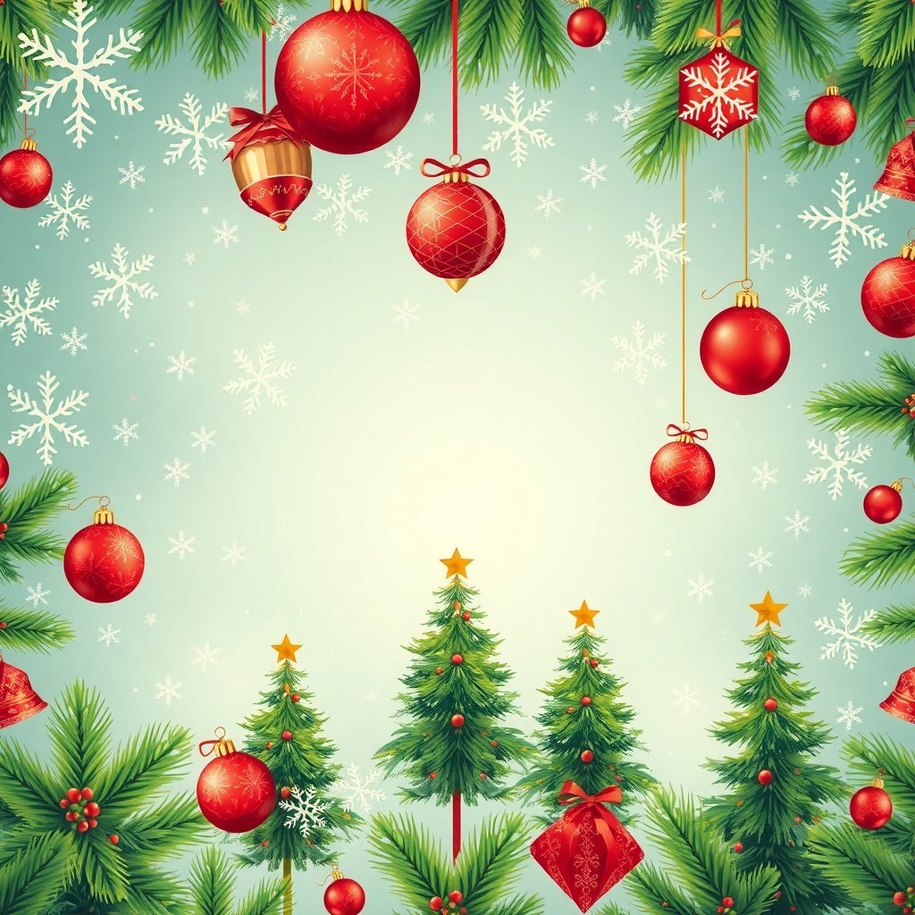 A festive December wallpaper featuring red ornaments, snowflakes, and Christmas trees.