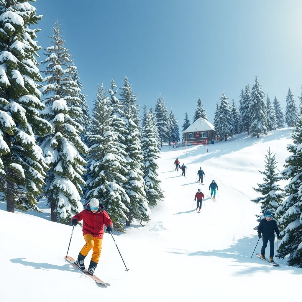 Skiers enjoying a snowy slope surrounded by pine trees