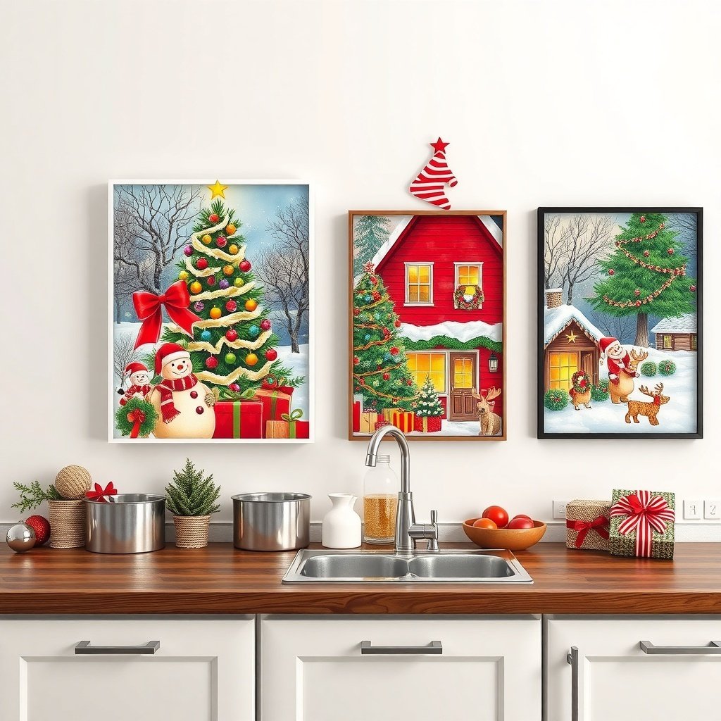 A festive kitchen with Christmas-themed wall art featuring snowmen, Christmas trees, and cozy homes.