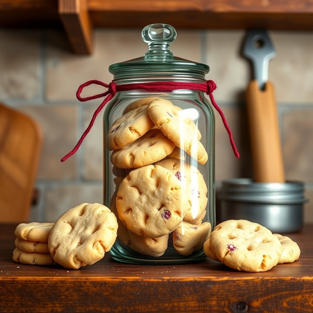 30 Delightful Mexican Wedding Cookie Recipes to Sweeten Your Celebrations A glass jar filled with Mexican wedding cookies, tied with a red ribbon, placed on a wooden surface.