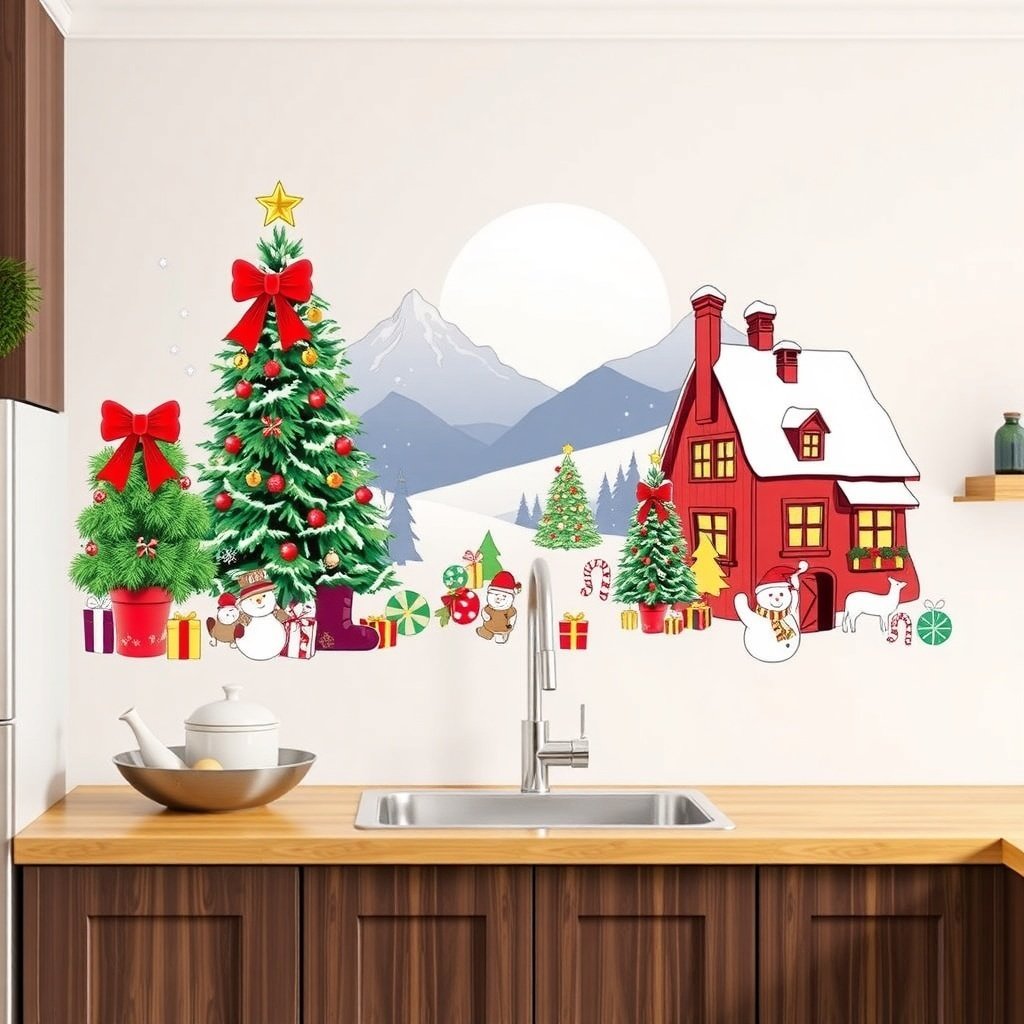Colorful Christmas wall decals featuring trees, gifts, and a cozy house.