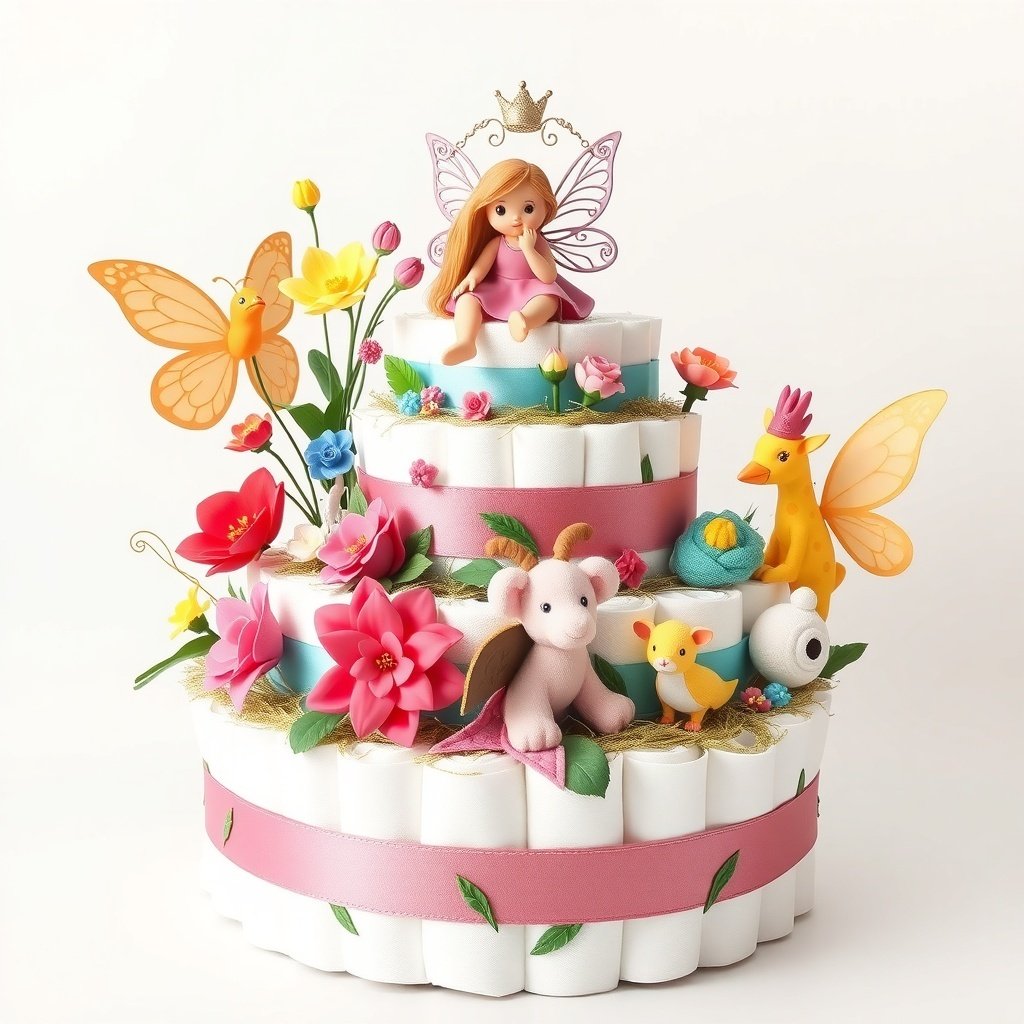 A whimsical Christmas diaper cake decorated with flowers, animals, and a fairy.