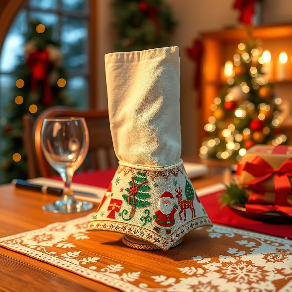 A festive napkin holder with Christmas decorations, set on a dining table.