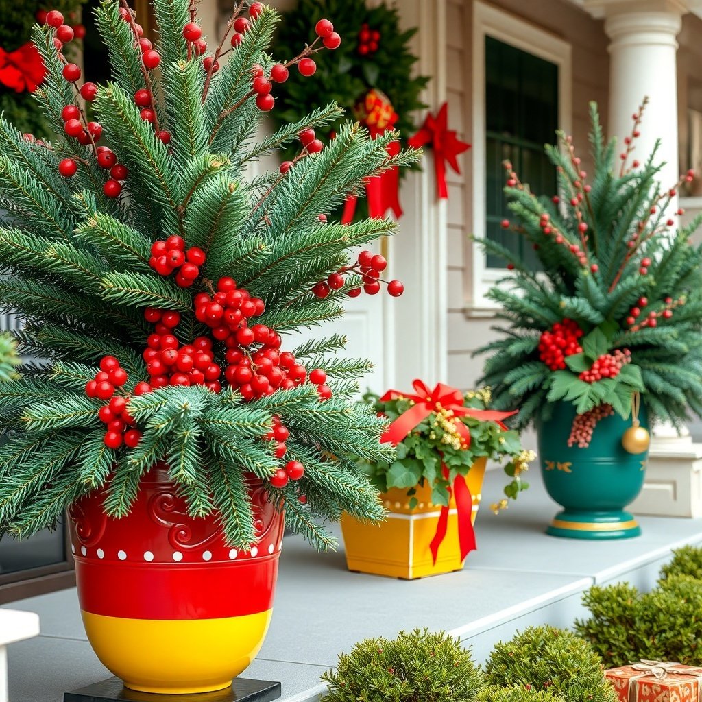 Colorful Christmas planters with greenery and red berries on a porch