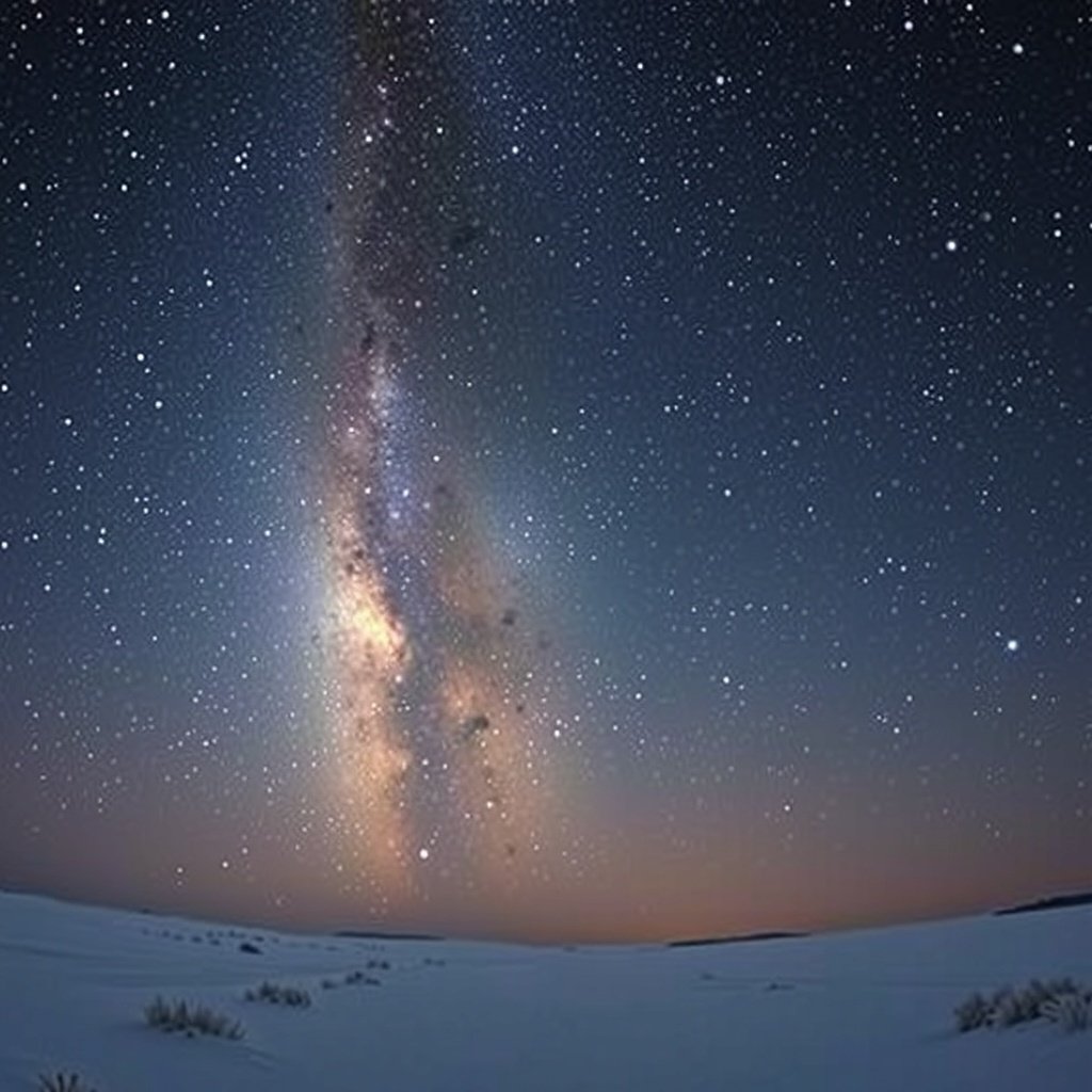 A stunning view of the Milky Way in a starry night sky over a snowy landscape.
