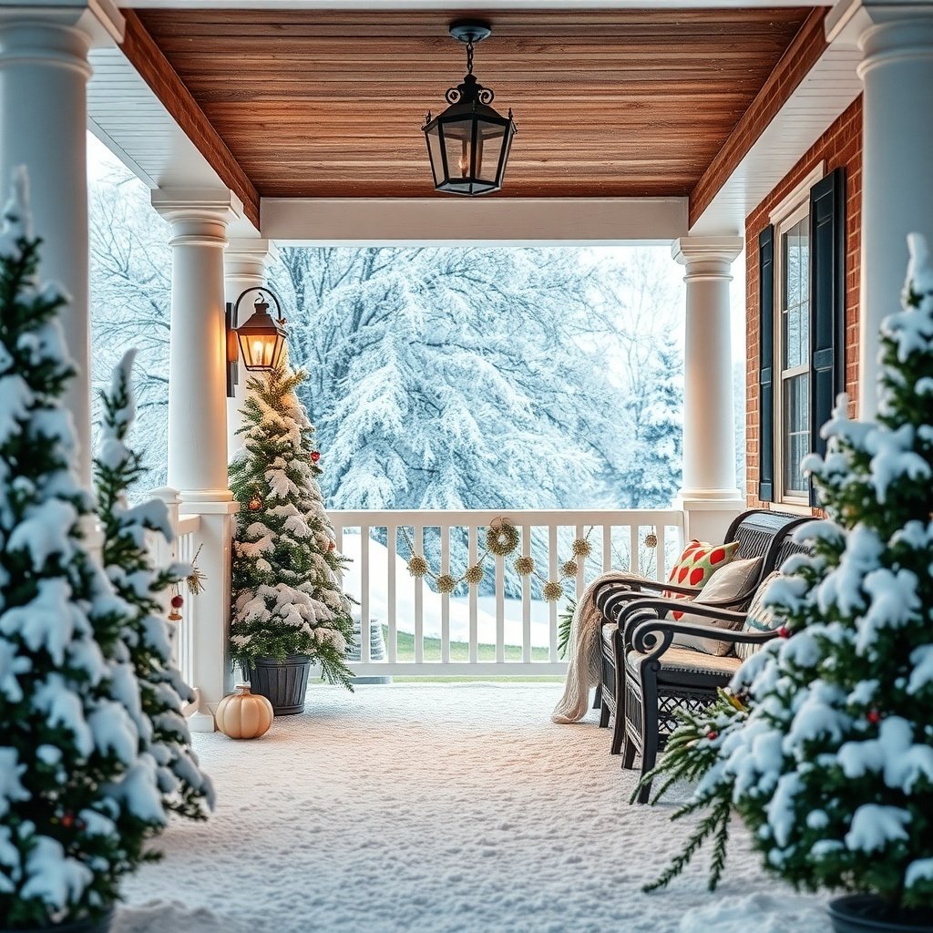 A wintery porch scene decorated with faux snow, Christmas trees, and a lantern.