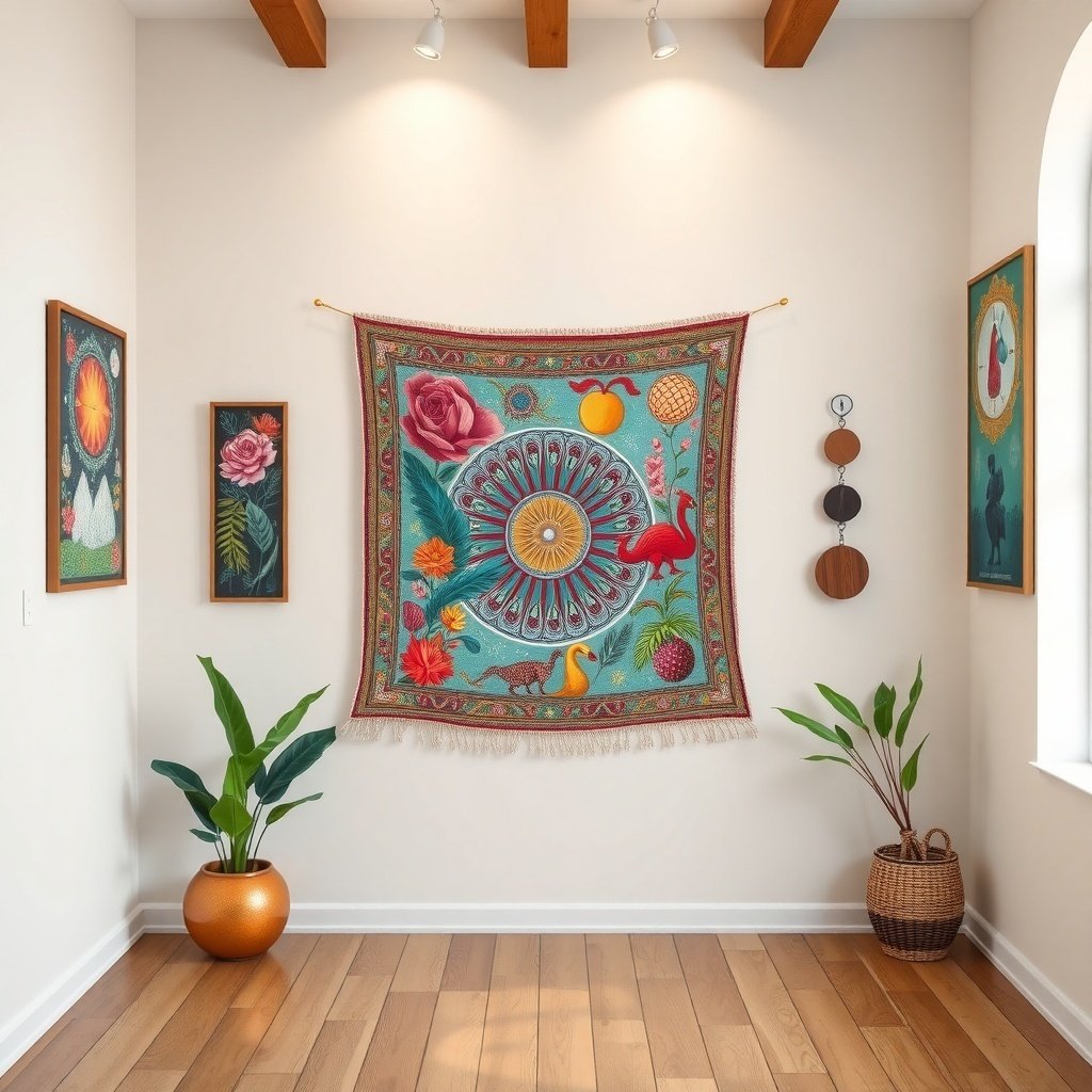 A beautifully decorated room featuring a colorful tapestry and framed artworks on the walls, with plants adding a natural touch.